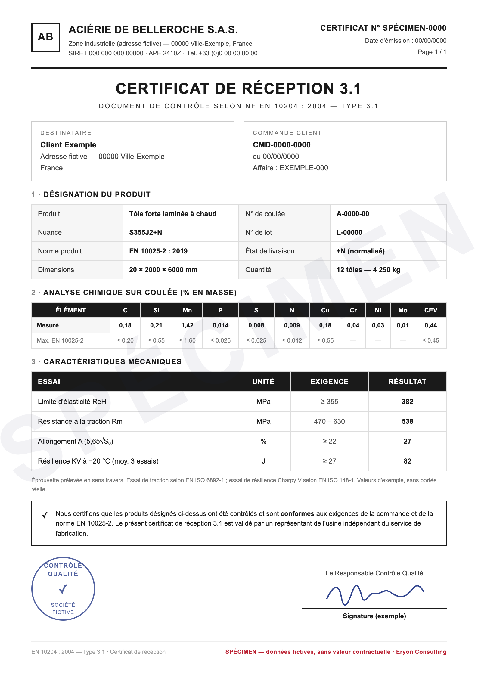 Exemple de certificat matière EN 10204 type 3.1 (mill test certificate) — nuance S355J2+N, norme EN 10025-2